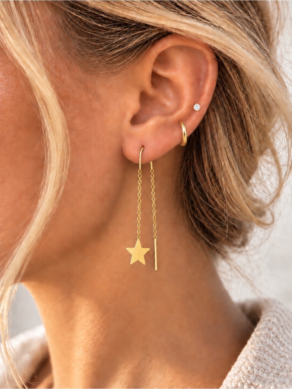 Gold Star Chain Threader Earrings